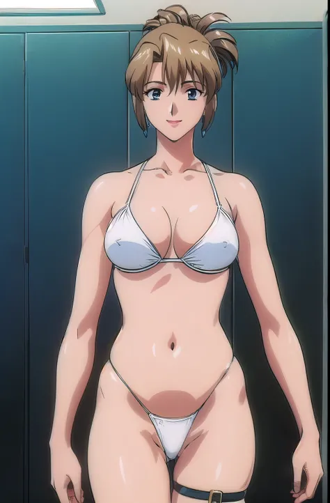 masterpiece, best quality, looking at viewer, (upper body:1.7), medium height, ultra detailed, (toned arms:1.5), (on-shoulders:1.5), (mini thong:1.8), (brown hair), (smile:1.5), folded ponytail, locker room, bright image, (ultra detailed white bikini:1.5),...