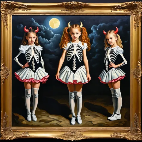 little girls from this artwork, in the style of otherworldly grotesquery, sci-fi baroque, photorealistic painting, darkly comedic, precisionist, devilcore, skeletal, monster core