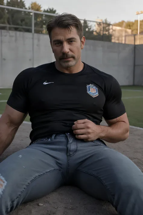 (((Muscular man))) masterpiece, best quality, high resolution, closeup portrait, male focus, solo focus, A man, 50 years old, grey hair, soccer player, football player, grey silver hair, messy hairstyle, cute and seductive face, bare chest, body hair, faci...