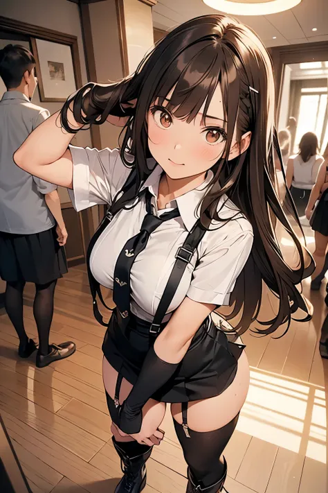 Brown Hair、Looking at the audience　　suspenders　　　bulging big breasts　　 　 　　　　Black mini skirt　garter belt　Knee-high socks　　　　　　sight　　　Small face　bangs 　　　　　beauty　　Show your hand　　 　sight 　Black boots 　Taunt　　Armpit sweat　One person 　　Put your hands behin...