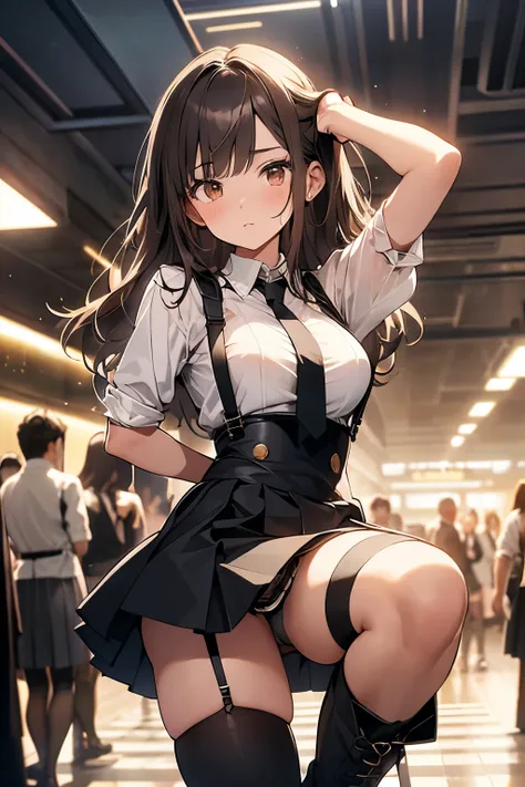 Brown Hair、Looking at the audience　　suspenders　　　bulging big breasts　　 　 　　　　Black mini skirt　garter belt　Knee-high socks　　　　　　sight　　　Small face　bangs 　　　　　beauty　　Show your hand　　 　sight 　Black boots 　Taunt　　Armpit sweat　One person 　　Put your hands behin...