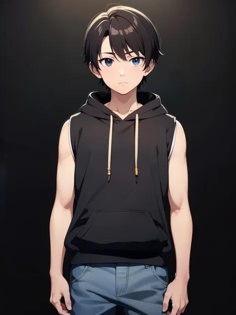 Highres, Masterpiece, Best quality at best,Best Quality,hight quality, hight detailed, Anime style, 1boy, Shota, young boy, Solo person, Black hoodie, Sleeveless hoodie, Seen from the front, look at viewer, (very young boy), (very small and short body), 12...