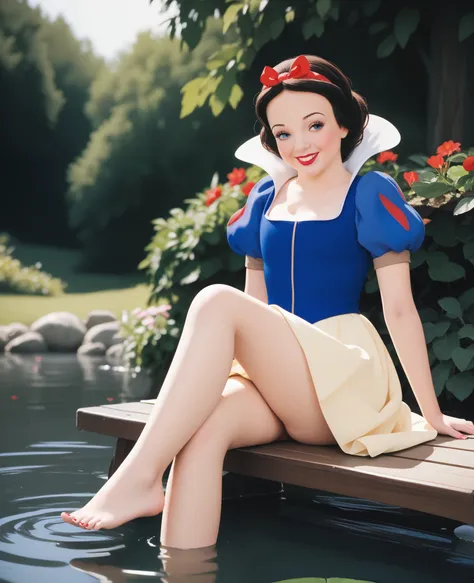 score_9, score_8_up, score_7_up, score_6_up, score_5_up, score_4_up, snow white, 1girl, small smile, sitting by a pond, on a ben...