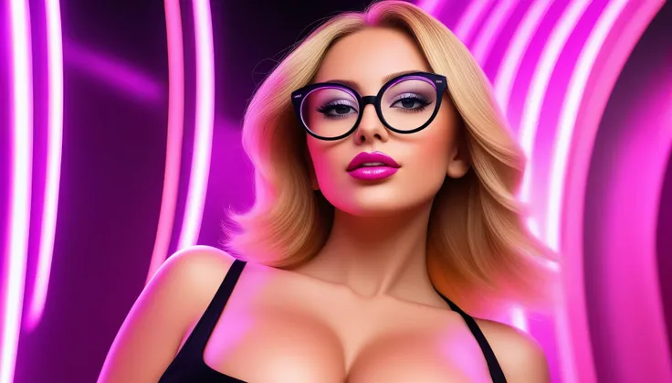 "Design an incredibly attractive blonde woman with big, firm, round breasts wearing big round glasses that perfectly complement her face. She should exude confidence and allure, with a stylish and modern look. Set the scene in a vibrant, urban backdrop wit...