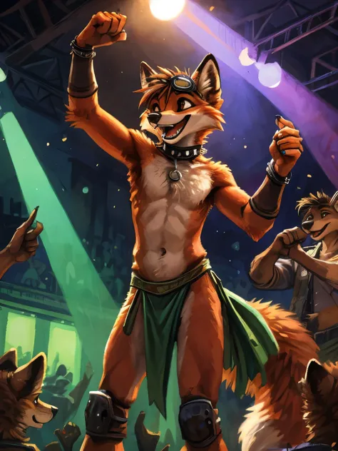 teen Furry, furry, teenager, red fox, spiked brown hair only on head, collar, brown eyes, goggles, green loincloth, green scarf, elbow pads, knee pads, masterpiece, No muscles, Detailed hands, detailed face, detailed eyes, detailed body, Flat body, Skinny,...