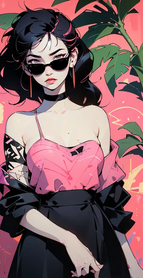 ((lisa black pink)) in a dress standing in front of simple background, up close, ((art style by patrick nagel)), ((8k, wallpaper...