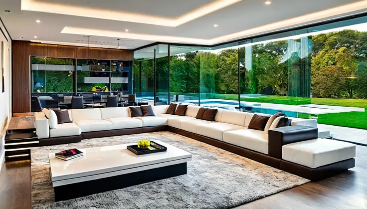 Create an image of the living room in the modern marvel house. The design should blend cutting-edge technology seamlessly with contemporary aesthetics. Highlight features like smart lighting, sleek furniture, and large windows with a view.