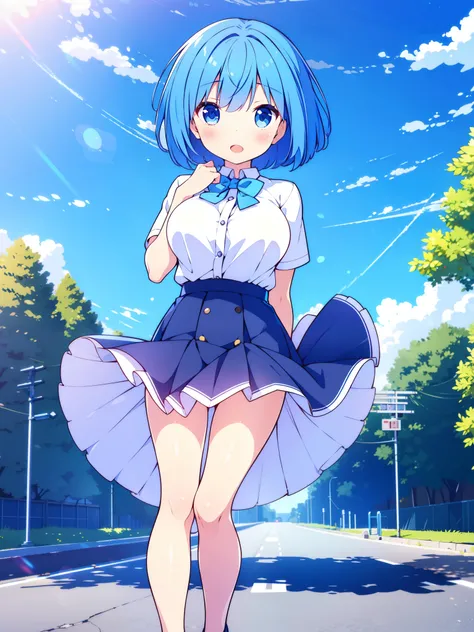 masterpiece, best quality, solo, ,
short hair, blue hair, straight hair, blue eyes, white shirt, open mouth, bowtie, large breasts, button gap, blank eyes, full body Short skirt
blue sky, wind,