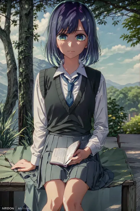 best quality, masterpiece, 1 girl, alone, beautiful, detailed eyes, shirt, blue tie, blue hair, white shirt, long sleeves, medium hair, collared shirt, vest, indoors, , bangs, vest, closed mouth , notebook, green eyes, multicolored hair, black vest, short ...