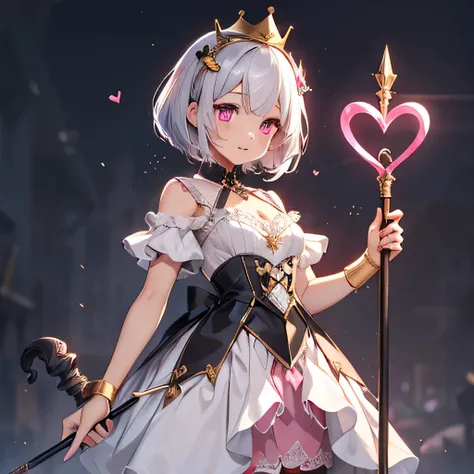 1 person、Girl、Silver Hair、Pink Eyes、Bob Hair、Pink Mesh、Lace dress、Cute little crown、Golden crown、Cane in hand、The tip of the wand is a heart、Hearts are pink