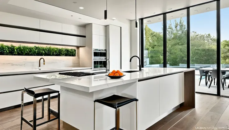 Generate an image of the kitchen in the modern house, where technology meets culinary artistry. Showcase state-of-the-art appliances, a minimalist design, and an open-concept layout that promotes functionality and beauty.