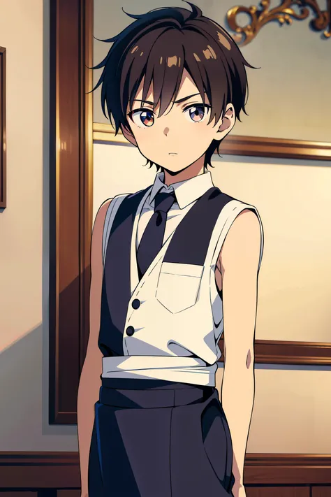 Highres, Masterpiece, Best quality at best,Best Quality,hight quality, hight detailed, Anime style, 1boy, Shota, young boy, Solo person, Cafe waiter, Sleeveless vest, Tie, Seen from the front, look at viewer, (very young boy), (very small and short body), ...