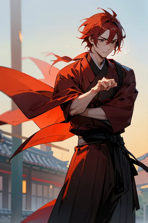 Adult, male, samurai Clothing, Standing pose, Town background, Red Hair