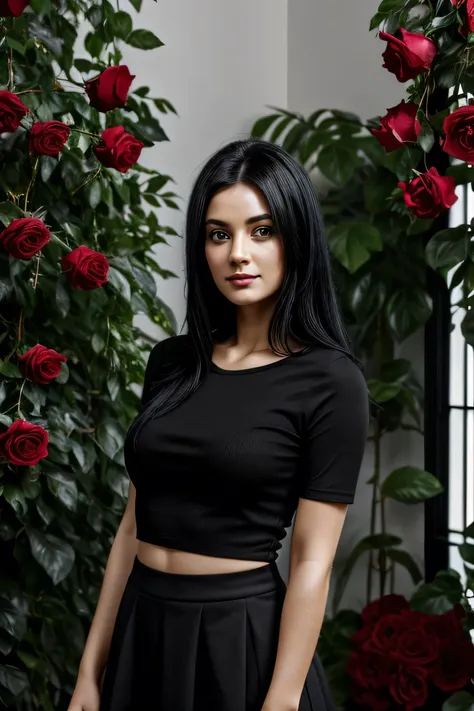 woman, straight black hair, red top, black skirt, in a room with green branches and roses around, looking at the camera, photorealistic