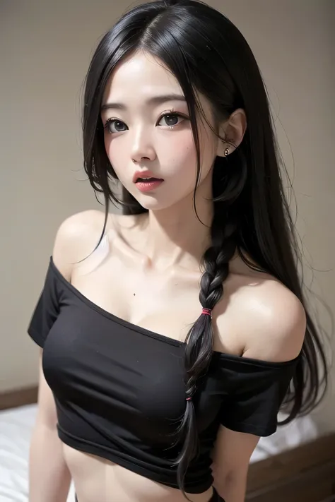 Sexy woman, black hair, single braid, seductive eyes, intense gaze, mouth parted, deep blush, flustered, beautiful face, amazing makeup, off shoulder t shirt