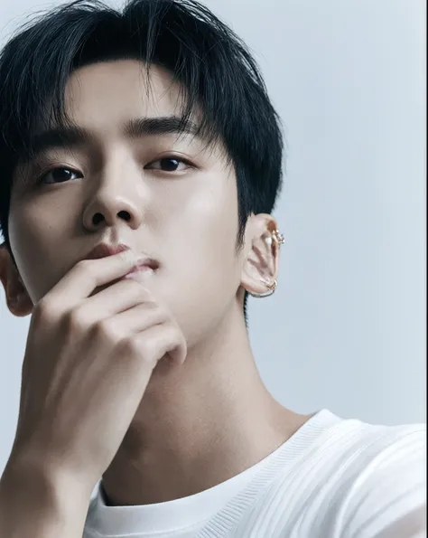 araffed asian man with a white shirt and green earrings, jinyoung shin, hyung tae, cai xukun, kim doyoung, inspired by Bian Shoumin, hong june hyung, ryan jia, sha xi, yanjun chengt, jinyoung shin aesthetic, taejune kim, photoshoot, ten lee, bian luan, shi...
