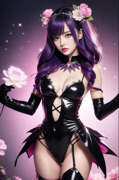 beautiful sexy woman who controls poison、lipgloss、intense makeup、look at the camera、full body Esbian、、sparkling poisoned flower costume、、、、sparkling Colorful hair、secrete poison、skull hair accessories, ultra detailed tights、shiny sparkling flowers backgrou...