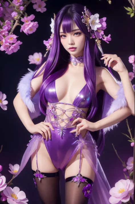 sexy Thai model who controls poison、lipgloss、intense makeup、look at the camera、full body Esbian、、sparkling poisoned flower costume (purple)、、、、shiny sparkling multicolor hair、secrete poison、skull hair accessories、ultra detailed tights (purple)、shiny sparkl...