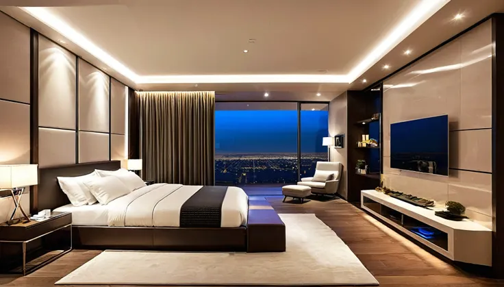 Produce an image of the bedroom in this technological marvel. Emphasize a tranquil atmosphere with automated lighting, a luxurious bed, and minimalist decor that enhances relaxation