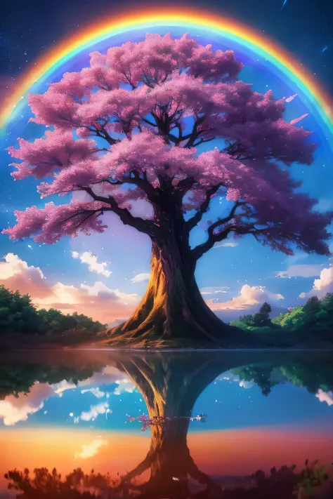 Rainbow Tree, Anime Style, Tree in focus，Fantasy