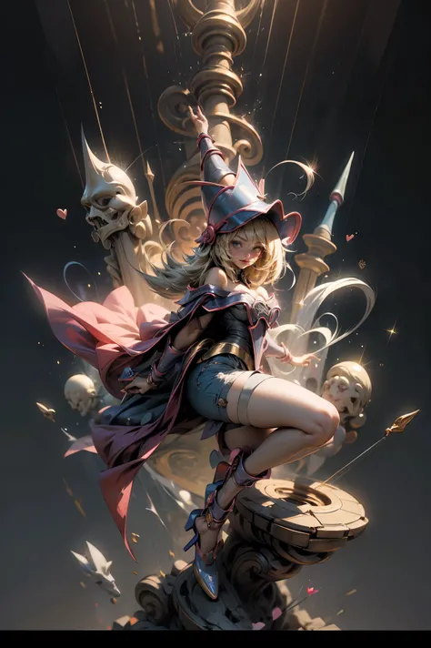 (Masterpiece:1.2), (The best quality:1.2), perfect lighting, Dark Magician Girl casting a spell, in battle. floating in the air, big and visible tits, wear jeans and heels. transparent neckline, blue robe, big hat, From above, sparkles, Yugioh game, The ma...