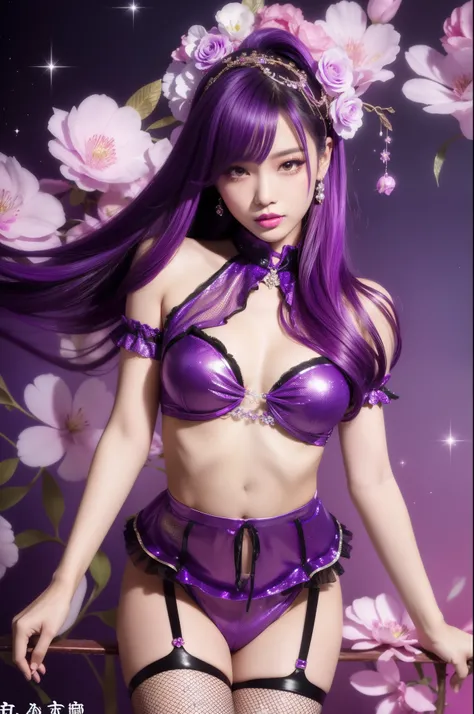 sexy Thai model who controls poison、lipgloss、intense makeup、look at the camera、full body Esbian、、sparkling poisoned flower costume (purple)、、、、shiny sparkling multicolor hair、secrete poison、skull hair accessories、fishnet tights、shiny sparkling flowers back...