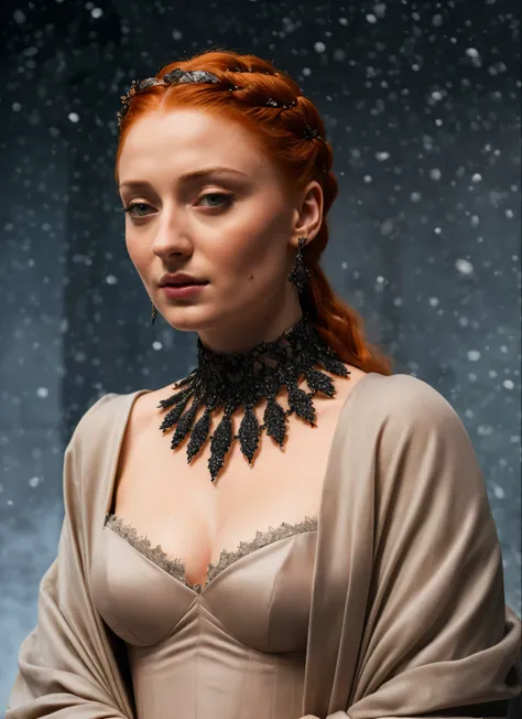 Face of Sophie Turner, Sansa Stark played by Sophie Turner, the de facto Lady of the Eyrie, is a 40-year-old mature queen with a stunning, alluring appearance. Full Face, pierced eyes, reddish lips, upper body shot, erotic Mediaeval costumes, game of thron...