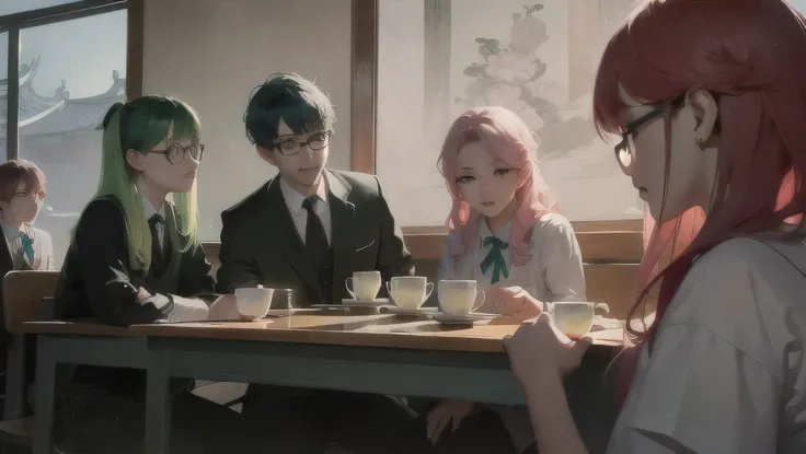 (oil painting:1.1),(Chinese painting),((close-up)), a group of three students in school uniforms sitting at a table, a girl with pink hair and a girl with long blue hair drinking tea, a boy with short green hair wearing glasses sitting next to them, detail...