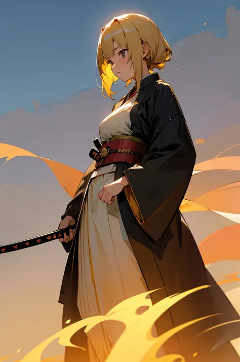 Adult, Female, samurai Clothing, Standing pose, Town background. Gold Hair