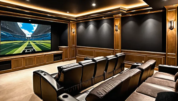 Produce an image of the entertainment room, a technological masterpiece. Highlight a home theater system, immersive gaming setup, and a design that provides an unforgettable entertainment experience.