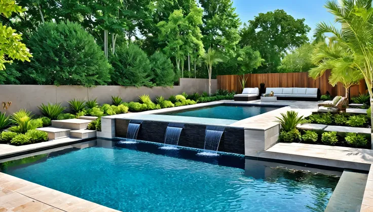 Create an image of the pool area, a blend of technology and relaxation. Highlight a smart pool system, elegant water features, and a design that transforms the outdoors into a serene oasis