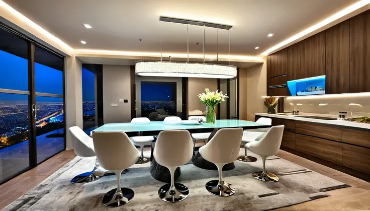 Generate an image of the dining area, where culinary art meets modern design. Showcase a futuristic dining table, ambient lighting, and a space that elevates dining to an experience.