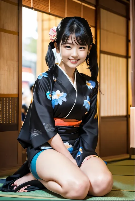 （8K、Raw photography、Highest quality、masterpiece：1.2),(Black Hair、Dark Eyes:1.9),(Flower pattern kimono:1.6)、View your audience,Viewed from the front,White skin,(Twin tails:1.3)、(Tight waist:1.6)、(Clothes that accentuate the shape of the breasts:1.0)、(Big B...