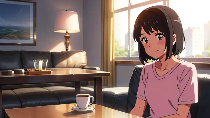 shinkai makoto, Kimi No Na Wa., One girl, bangs, Black Hair, blush, Bright Eyes, Brown eyes, Red headband, short hair, smile, cute, beautiful, Shiny skin, View your viewers, alone, casual shirt, T-Shirts, skirt, plaid skirt, indoor, room, living room, vase...