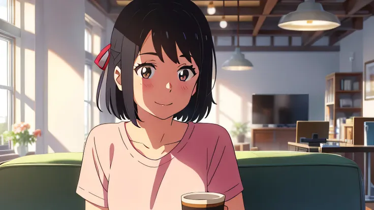 shinkai makoto, Kimi No Na Wa., One girl, bangs, Black Hair, blush, Bright Eyes, Brown eyes, Red headband, short hair, smile, cute, beautiful, Shiny skin, View your viewers, alone, casual shirt, T-Shirts, skirt, plaid skirt, indoor, room, living room, vase...