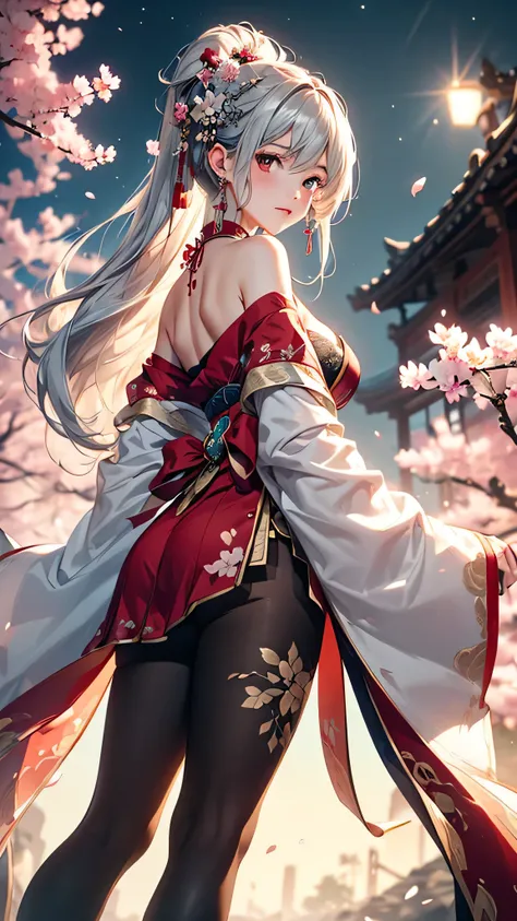 (masterpiece:1.5, Highest quality, Very detailed、 Dutch Angle、Semi-realistic、Fantasy)(One Girl, alone)(Silver Hair:1.4,,Straight Long Hair)(Wearing Han clothes, Royalty、White and red Hanfu:1.6,Thick fabric,Long sleeve)、((Off the shoulder、medium breasts, Be...