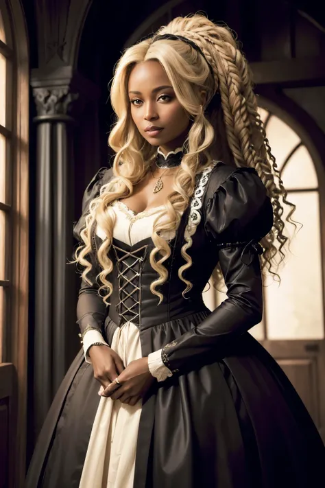 ((best qualityer)), ((work of art)), (detailded), 1 African-American woman in her forties ((dark skin color)) hair blonde ,long curly hair ,ponytail hair , medieval gown ((torn outfit)) clear lighting, detailed shadows 