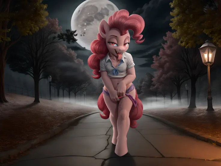 pinkie pie, pony, walking,  skirt, pussy, pussy juice, vampire teeth, red eyes, glowing eyes, looking at the viewer, smirk, sedu...