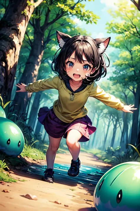 {worst quality, low quality}, muste piece, best quality, Super detailed, masterpiece, Anime style illustration of a girl trying to catch a cute monster slime and a slime with a cute face running around chasing her, Background of a stream in the forest,