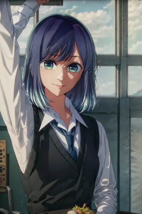 best quality, masterpiece, 1 girl, alone, beautiful, detailed eyes, shirt, blue tie, blue hair, white shirt, long sleeves, medium hair, collared shirt, vest, indoors, , bangs, vest, closed mouth , smile, green eyes, multicolored hair, black vest, short hai...