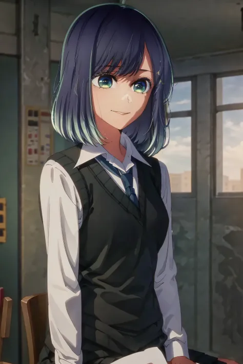 best quality, masterpiece, 1 girl, alone, beautiful, detailed eyes, shirt, blue tie, blue hair, white shirt, long sleeves, medium hair, collared shirt, vest, indoors, , bangs, vest, closed mouth , smile, green eyes, multicolored hair, black vest, short hai...
