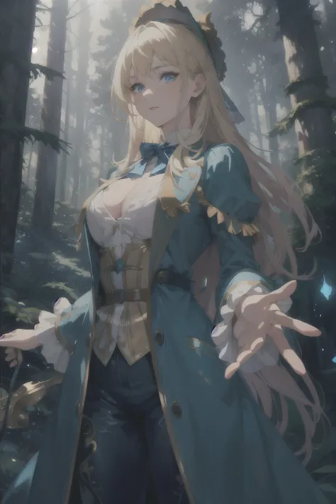 magic forest, highres, highest quallity, ultra detailed, (detailed face), (detailed eyes), best quality, hazy glow, masterpiece, 1girl, solo, Alice in wonderland, blonde hair, blue eyes, long coat, confident, sexy, luminous eyes, medium breasts, (colorful)...