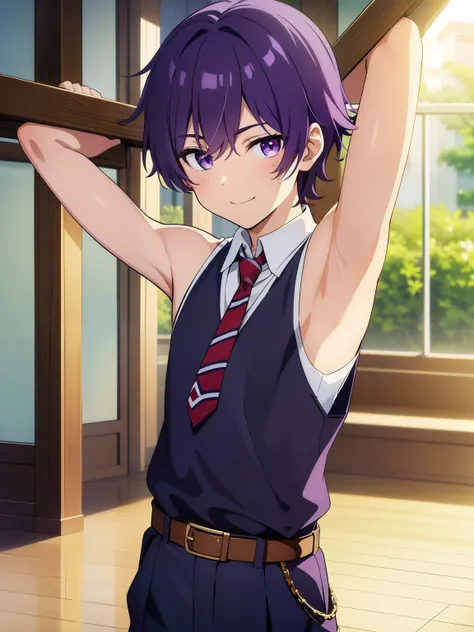 Highres, Masterpiece, Best quality at best,Best Quality,hight quality, hight detailed, Anime style, 1boy, Shota, young boy, Solo person, smile, Violet hair, messy hair, school, Sleeveless uniform, Bare shoulder, Tie, Seen from the front, look at viewer, up...