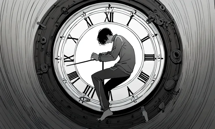 black and white drawing, giant clockwork background, hang from clockwork, human, 26 year old male, black neat hair, a lonely face, wearing gray tracksuit, put one&#39;s foot on the clock hand, cling to the clock, climb the clock.