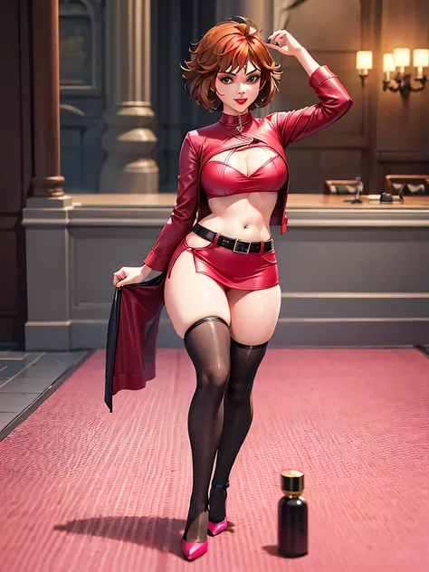 merula, pink high heels, red lipstick, tonified legs, leather mini skirt, full body, thighs, sexy top, belly