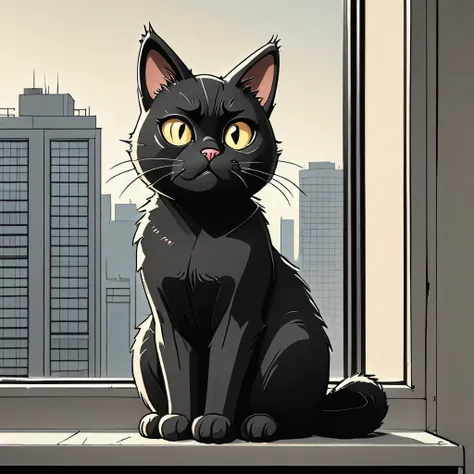 black cat sitting  on a windowsill in a Highrise apartment, simple anime style, 2D, celshading, thick lineart, heavy black ink lines, posterized, flat color, celshading, toonshading, Cartoon Rendering, Flat Shading, Graphic Novel Style, minimal shading, fl...