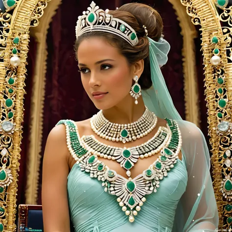 Generate an image of an opulent jewelry set suitable for a queen. The necklace should feature exquisite diamonds and pearls, with intricate, regal design details. The bracelet should be adorned with rare gemstones and have an elegant, timeless design. The ...