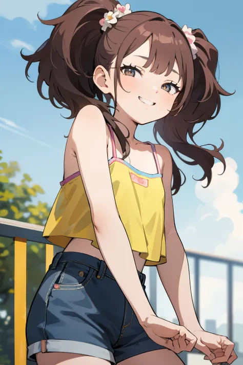 masterpiece, Highest quality, High resolution,
One girl, alone, View your viewers, Grin,camisole,Denim shorts,Clean your socks, Long Hair, Flat Chest, Twin tails, bangs, 6 years old,,Outdoor,(Browsing Caution)