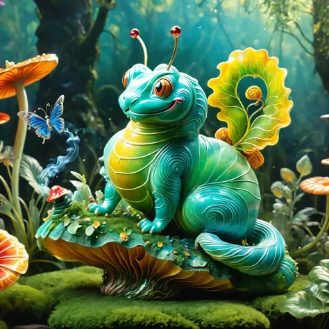 Create an artistic rendition of The Caterpillar from Alice in Wonderland. Capture its enigmatic and surreal presence as it sits atop a mushroom, blowing smoke rings. Focus on intricate details, such as the Caterpillars vibrant coloration and distinctive fe...