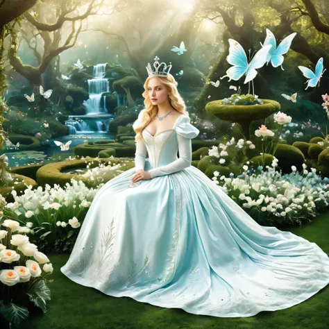 Generate a captivating depiction of The White Queen from Alice in Wonderland. Emphasize her regal presence, her ethereal beauty, and the serene yet mysterious atmosphere of her kingdom. Highlight her elegant attire, which should include a flowing white gow...
